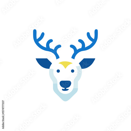 Stylized illustration of a deer head with antlers, featuring a minimalist design in blue and yellow, conveying a modern and artistic representation of wildlife
