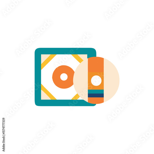 Colorful flat illustration of a vinyl record and its case, showcasing vibrant design elements, perfect for music-related projects and creative endeavors in digital media