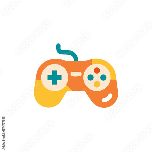 Colorful flat illustration of a gaming controller featuring buttons and a cable, representing the excitement of video gaming and interactive entertainment experiences