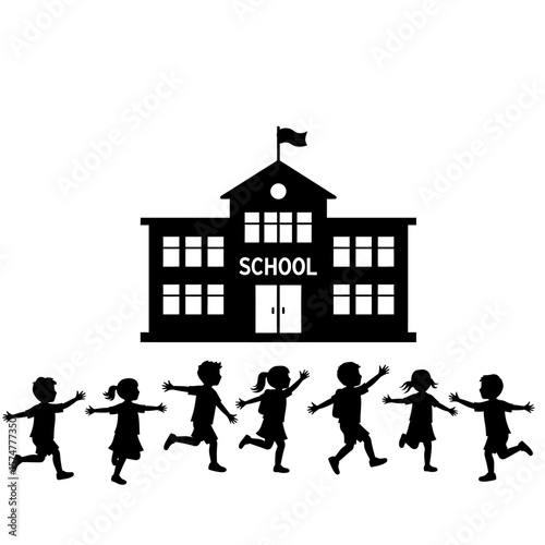 Back to School: Simple Black Silhouette Illustration of Children Running Towards Elementary School Building, Joyful and Energetic Mood, Vector Graphic Design, Education Theme.