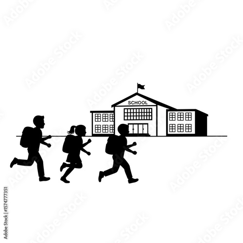 Back to School: Simple Black Silhouette Illustration of Children Running Towards Elementary School Building, Joyful and Energetic Mood, Vector Graphic Design, Education Theme.