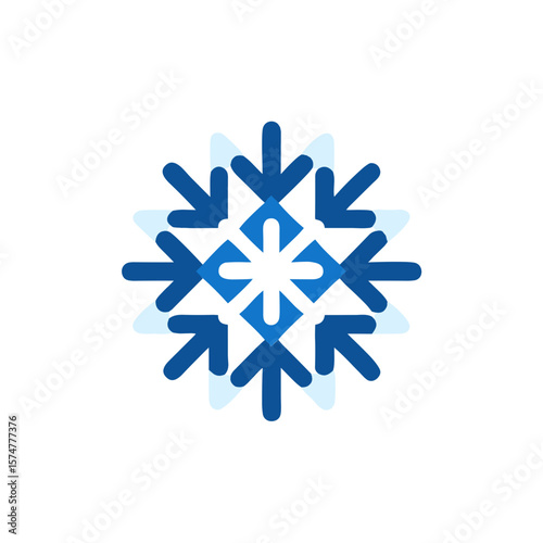 Geometric snowflake illustration featuring blue and light blue tones with arrow shapes radiating outward, symbolizing winter, cold, and seasonal beauty in a modern design