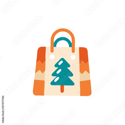 Colorful shopping bag featuring a stylized tree design, perfect for holiday gifting, showcasing vibrant colors and a modern aesthetic for seasonal promotions and marketing campaigns