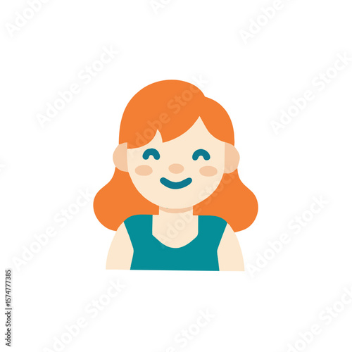 Colorful flat illustration of a cheerful girl with orange hair, smiling and wearing a teal shirt, showcasing a friendly and approachable character design for various creative projects
