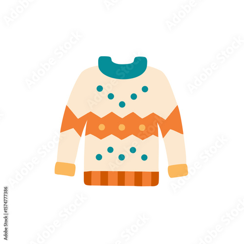 Colorful winter sweater illustration featuring geometric patterns and vibrant colors, perfect for seasonal fashion designs and cozy holiday themes with copy space