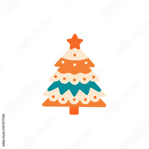 Colorful flat illustration of a stylized Christmas tree adorned with decorative elements, featuring vibrant layers and a star on top, perfect for holiday-themed designs and seasonal celebrations