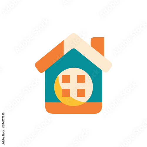 Colorful flat illustration of a modern house with a vibrant roof, circular window, and a sunny atmosphere, representing home design and architecture concepts in a playful style