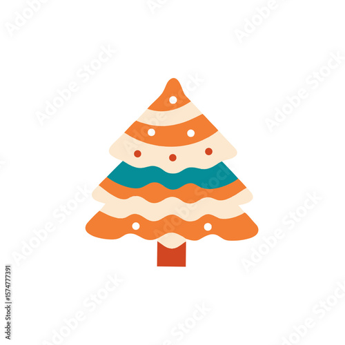 Colorful flat illustration of a stylized Christmas tree decorated with vibrant ornaments and wavy layers, showcasing a festive and cheerful holiday spirit in a minimalist design