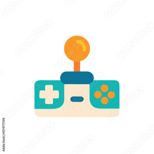 Colorful flat illustration of a retro video game controller featuring buttons and a joystick, representing gaming culture and nostalgia in a playful design