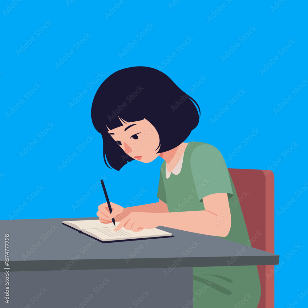 Flat Vector of Person Writing in Book at Desk with Green Background Flat Vector of Person Writing in Book at Desk with Green Background