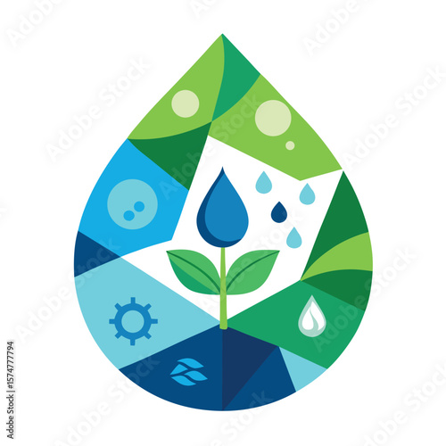 Abstract water drop illustration with plant and water droplets in shades of blue and green