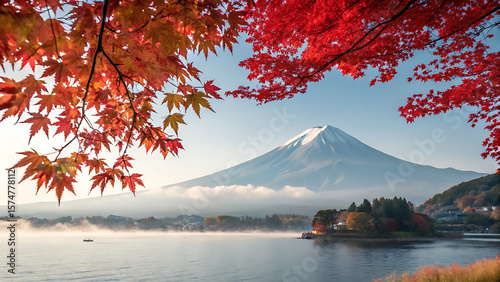 Colorful Autumn Season and Mountain Fuji with morning fog and red leaves at Lake Kawaguchiko is one of the best places in Japan.