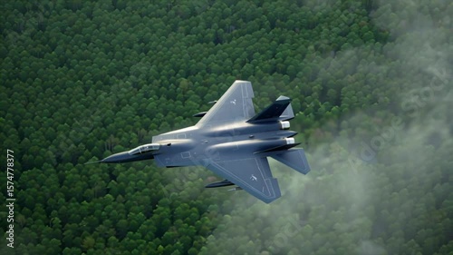 Stealth Fighter Jet Aerial Flight Over Lush Forest Military Aircraft Airborne Combat Aviation