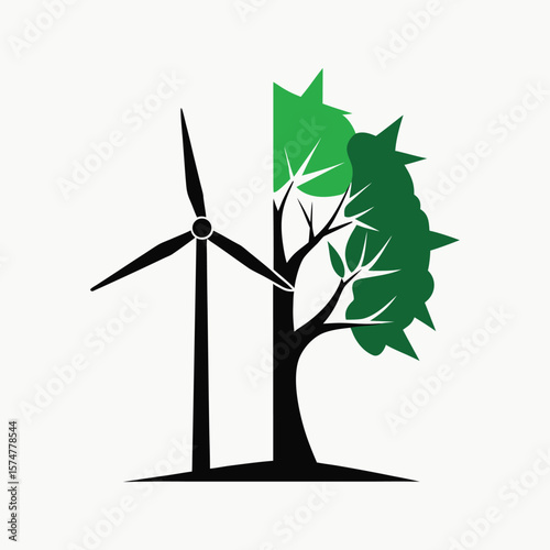 Black wind turbine and tree illustration on white background representing renewable energy