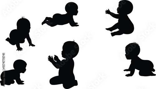 Cute Baby Silhouettes Set: Infants Crawling, Sitting, and Playing Poses

