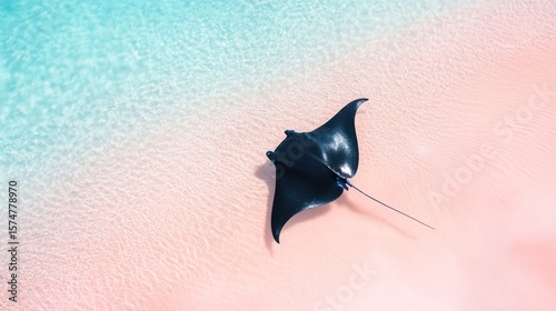 Stingray swims over a pink sandy ocean floor in the Caribbean; advertising use