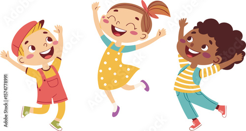 Vector Illustration Of Children Playing Jumping kids. Happy funny children playing and jumping in different action poses education little team vector characters. Illustration of kids and children fun 