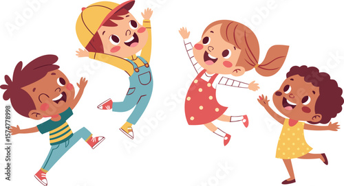 Vector Illustration Of Children Playing Jumping kids. Happy funny children playing and jumping in different action poses education little team vector characters. Illustration of kids and children fun 