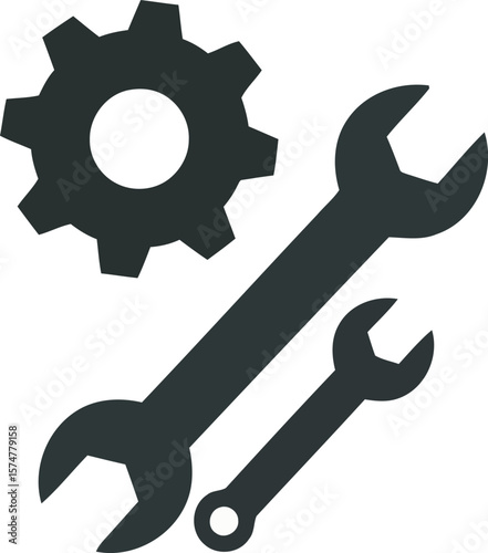 Gear and wrenches, a simple graphic representing maintenance or repair.