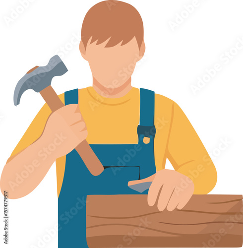 A carpenter is using a hammer and chisel on a wooden plank.