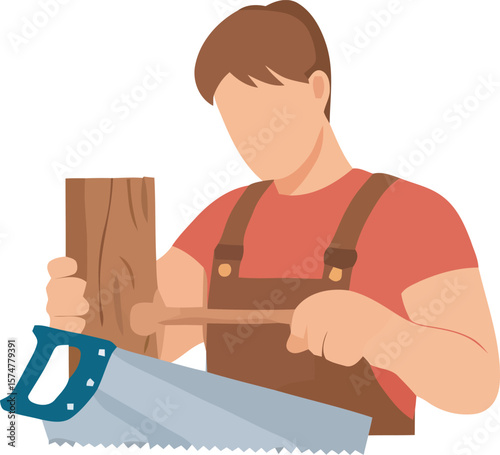 A carpenter using a saw and mallet to work on a piece of wood.