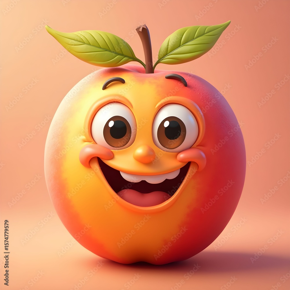 Obraz premium Happy fruit cartoon apple character with big eyes and smile food illustration design art