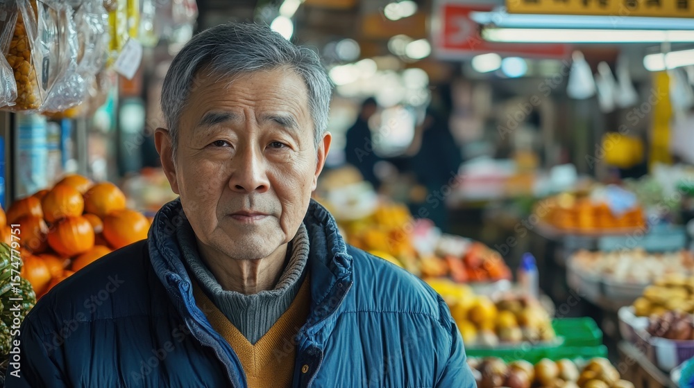 Obraz premium Asian Man Market stall Owner. Merchant Selling working in Market stall, looking at camera. Startup successful small business owner. Small and Medium Enterprises concept. 