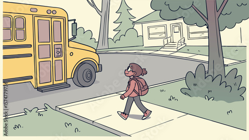 Child with Backpack Walking Toward Yellow School Bus

