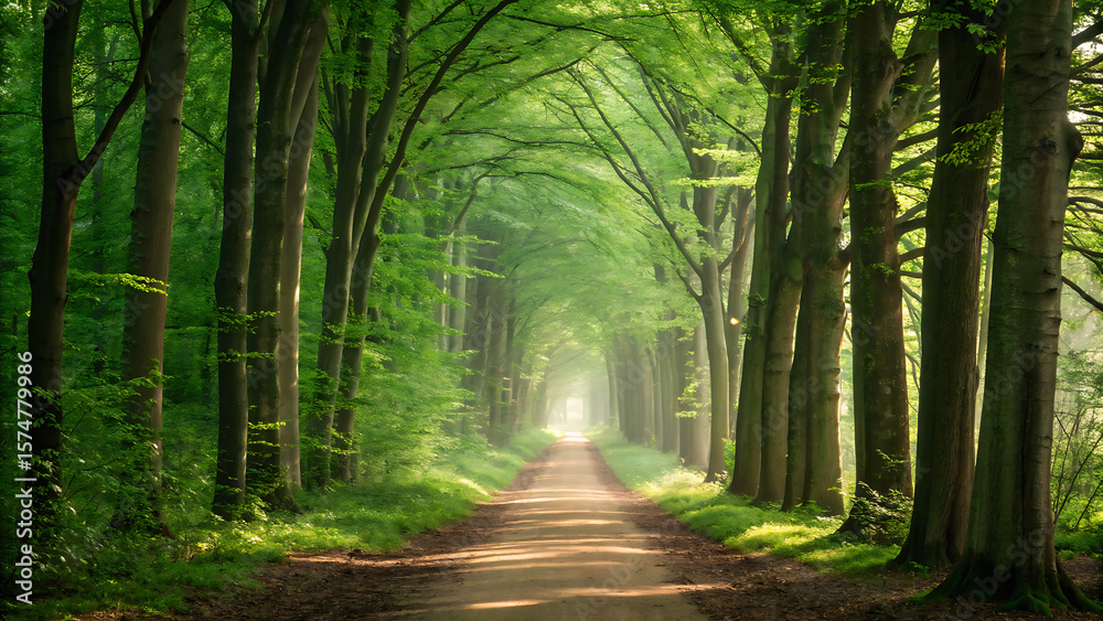 Fototapeta premium Walkway in a green spring beech forest in Leuven, Belgium. Beautiful natural tunnel.