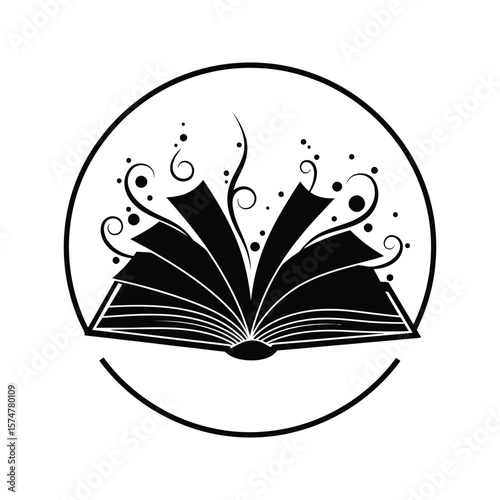 Open Book with Magical Swirls Vector Illustration Black and White Book Design Reading Knowledge Magic