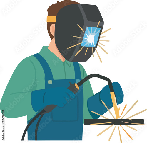 Welder wearing protective gear welding metal with sparks flying in a vector illustration.