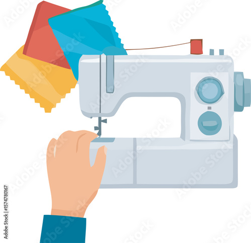 A hand operating a sewing machine with colorful fabric swatches nearby.