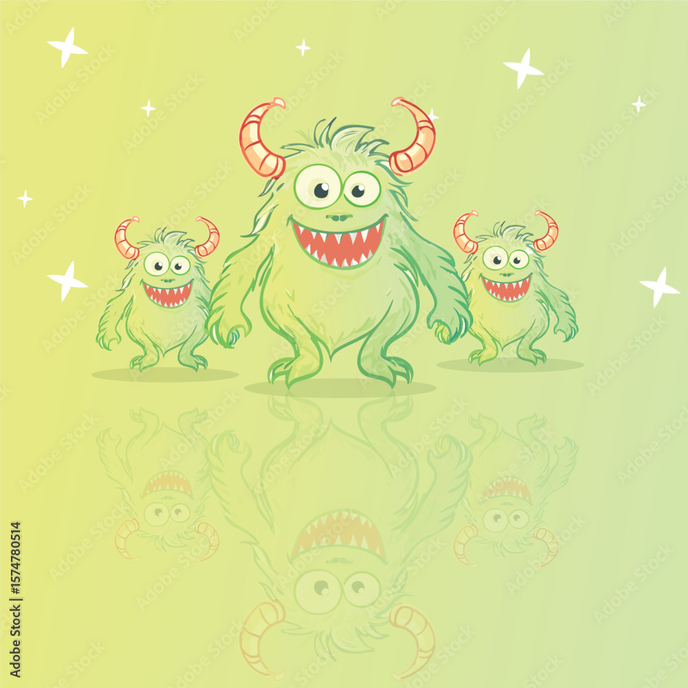 Naklejka premium Friendly Green Hairy Monsters with Horns and Reflection