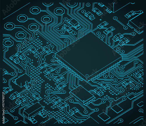 Circuit board with chip blueprint close up