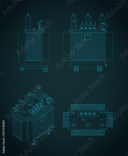 Power three-phase transformer blueprints