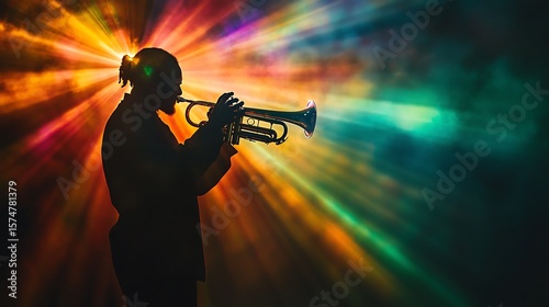Silhouette of a Black male trumpet player against vibrant colorful lights.