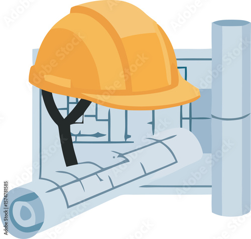 Construction helmet resting on architectural blueprints, symbolizing planning and safety in building projects.
