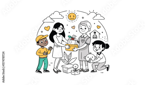 Happy volunteers donating gifts to children