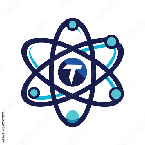 Stylized atom symbol with a letter t in the nucleus