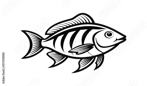 Black and white line art illustration of a fish