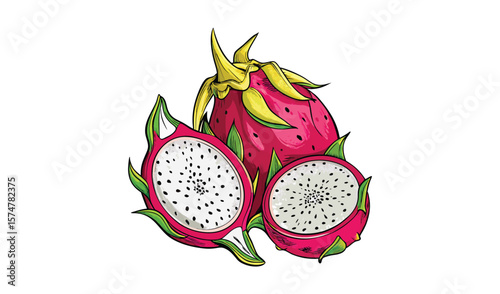 Vibrant dragon fruit illustration whole and sliced