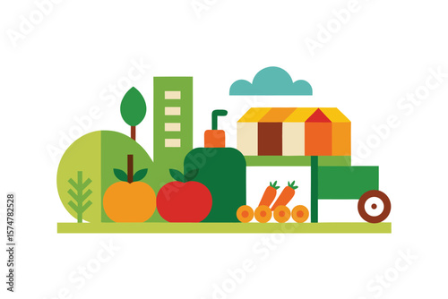 Organic Farm Equipment And Produce Layout On White