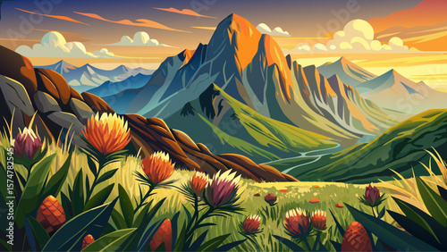 Mount Aspiring, South Africa’s Drakensberg foothills, slopes bloom with proteas and grasses. Rocky promontory glimmers in sunrise mist.
