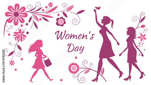 Elegant Women's Day silhouette illustration featuring three women walking amidst stylized floral designs, conveying a celebratory and empowering mood.