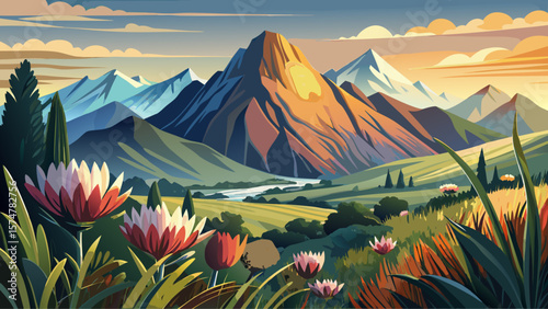 Mount Aspiring, South Africa’s Drakensberg foothills, slopes bloom with proteas and grasses. Rocky promontory glimmers in sunrise mist.