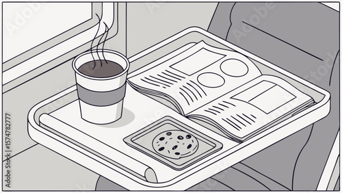 Airplane Tray with Coffee, Snack, and Open Magazine