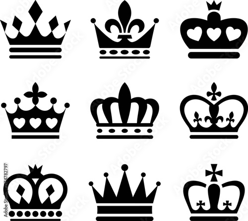 Royal Crown Icon Set – Black and White Silhouette Vector Collection