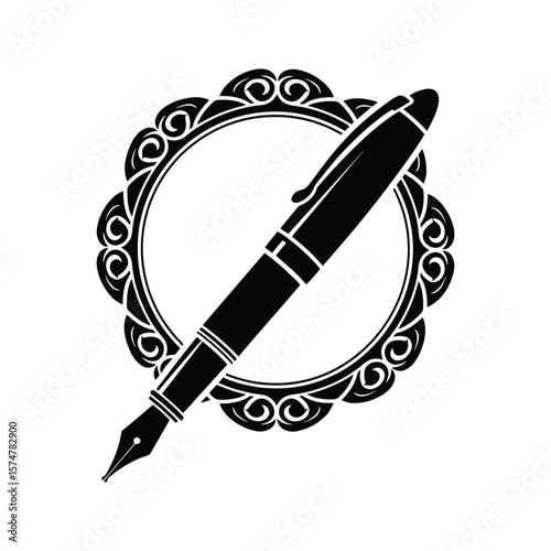 Elegant Black Fountain Pen in Ornate Frame  Writing Stationery Luxury Calligraphy