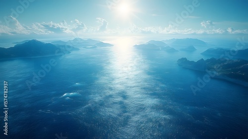 Aerial view of a vast serene ocean with scattered islands