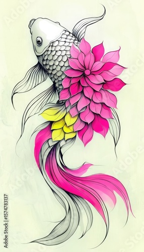 Artistic Koi Fish with Vibrant Pink and Yellow Floral Scales